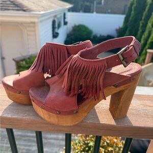 Fringe Platform Sandals - maroon red